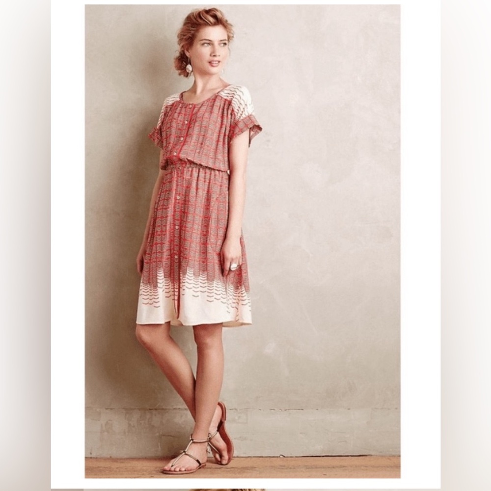 Red and cream smock waist Maeve Anthro dress